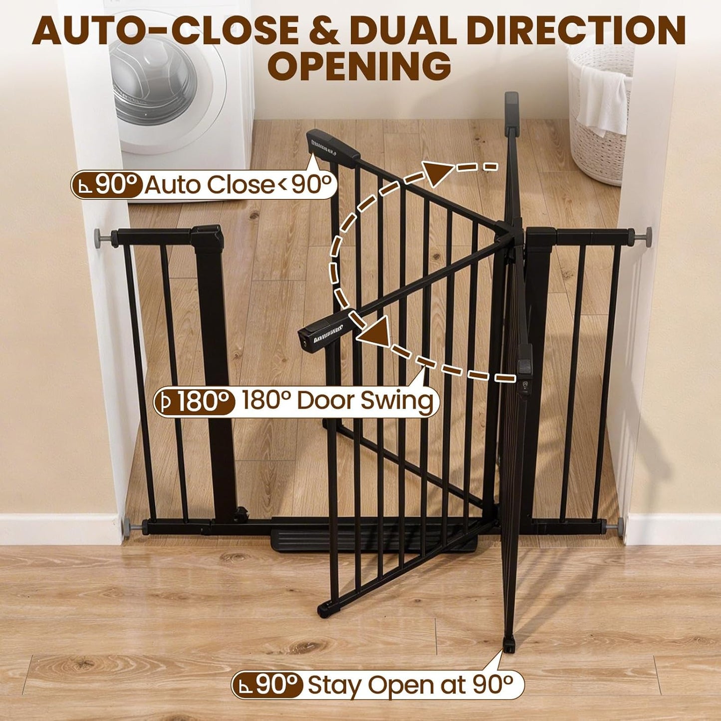 Baby Gate for Stairs, 29.7-40.6" Auto Close Dog Gate Indoor for Doorways, Dual-Lock Design, Adjustable Pet Gate No Drilling with Walk Thru Door for Hallways, Stroller Friendly, Black