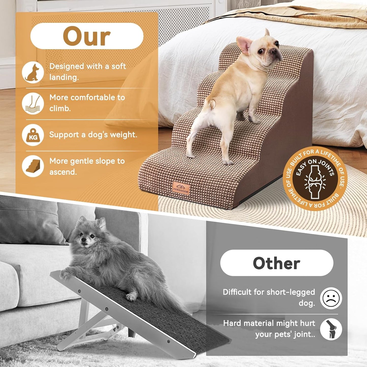Zerbuger Dog Ramp and Stair for Bed 16" H-20 H,3-Step Cat Stair for Sofa and Chair,4-Step Dog Ramp for High Bed and Window,Durable Nonslip Fabric Cover for Indoor (Coffee-16 H, Pet Friendly, 3)