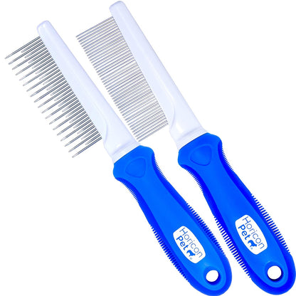 Detangling Dog Comb with Long & Short Stainless Steel Metal Teeth - Dogs, Cats & Small Animals for Removing Matted Fur, Knots & Tangles