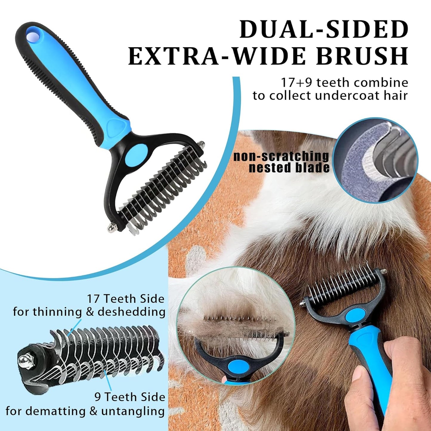 7PCS Dog Grooming Brush Kit for Shedding and Matted Fur, Self-Cleaning Slicker Brush with Undercoat Rake, Flea Comb for Long-Haired Pets, Blue