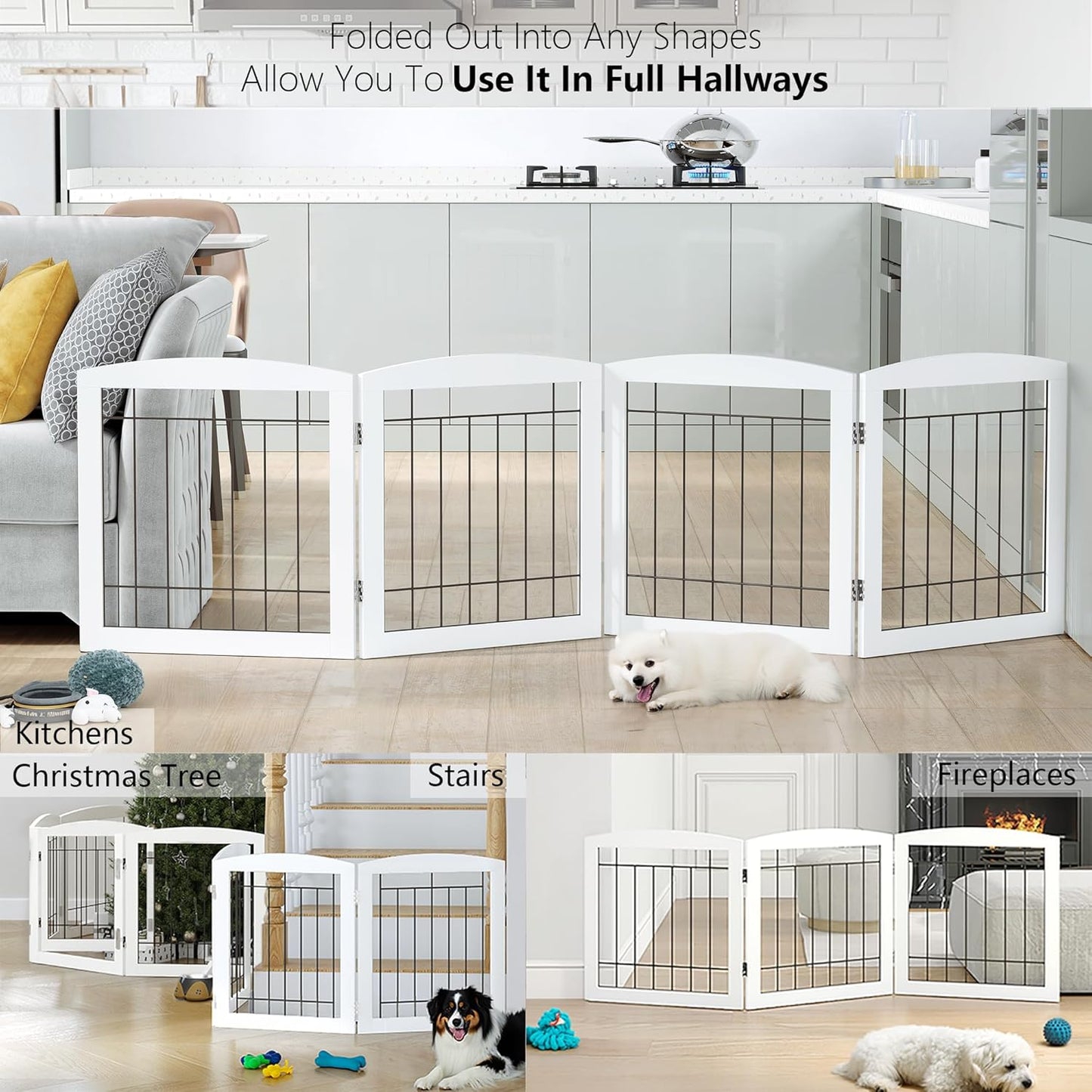 PAWLAND Free Standing Dog Gates for The House Stairs Doorways Indoor Foldable Wooden Small White Puppy Pet Gate Step Over Fence 60" W 24" H 3 Panels
