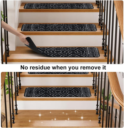 OJIA Boho Stair Treads Non-Slip Stair Runners for Wooden Steps Indoor 15PCS 30"x8" Washable Carpet Stair Treads Stair Mats Staircase Step Treads for Kids, Elders and Dogs, Stair Covers, Black