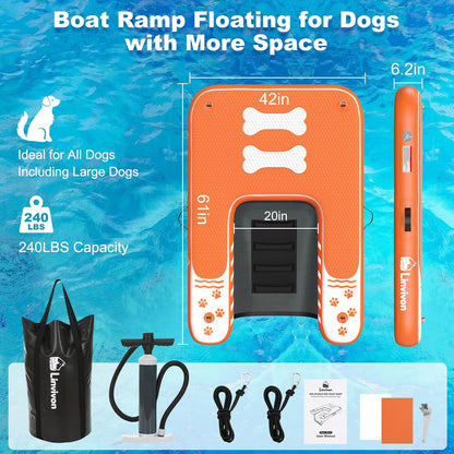 Inflatable Dog Boat Ramp for Dogs Up to 240 lbs, Inflatable Dock Floating Platform with Anti-Slip EVA Foam Safe & Easy Water Access, Dog Ramp for Boat, Pools, Lakes, Boats, Docks, Green