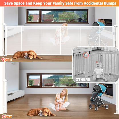 19.7ft Retractable Baby Gates Dog Gate - 236" Extra Wide Expandable Child Safety Gate,37" Tall Toddler Pet Mesh Gate with Reinforced Strips for Doorways,Stairs,Hallways,Outdoor & Indoor Large Openings