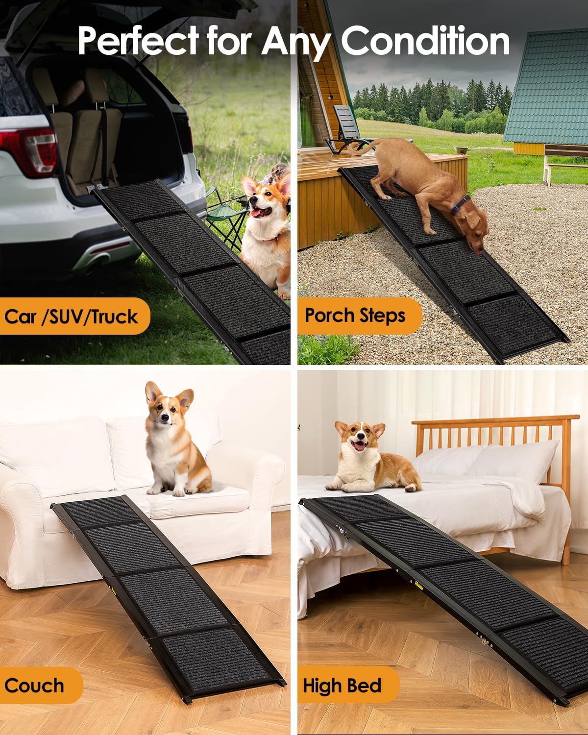 Folding Dog Ramp for Car SUV Truck, 17.3" x 71" Portable Pet Ramp for Large Dogs, Lightweight Non-Slip Dog Car Ramp, Sturdy Dog Ramp for Cars and High Beds, Easy to Carry and Store