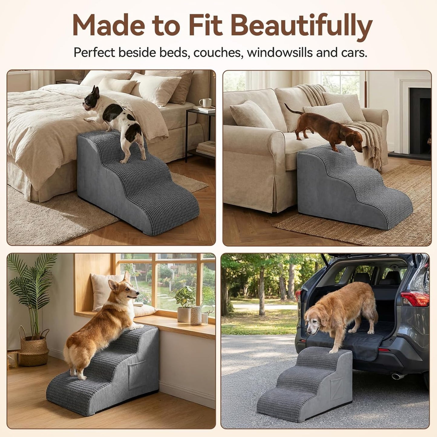 Dog Stairs for Small Dogs, 15.7" High 3 Step Foam Ramp for Bed & Couch, Pet Steps for Senior Pets, Non Slip Base, Washable Cover, Joint Support Design, Grey, Suitable for Cats