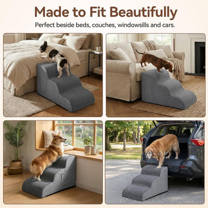 Dog Stairs for Small Dogs, 15.7" High 3 Step Foam Ramp for Bed & Couch, Pet Steps for Senior Pets, Non Slip Base, Washable Cover, Joint Support Design, Grey, Suitable for Cats