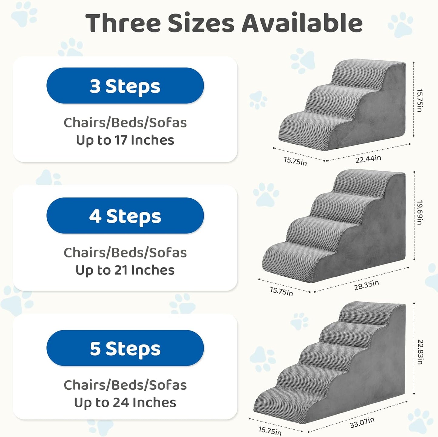 DUMOS Dog Stairs for Small and Medium Dogs, 3-Step Pet Steps with High-Density Foam, Indoor Non-Slip Pet Ramp for Puppy and Older Dogs Cats, Dog Bed Stairs for Couch and Sofa, Grey