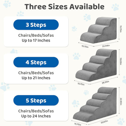 DUMOS Dog Stairs for Small and Medium Dogs, 3-Step Pet Steps with High-Density Foam, Indoor Non-Slip Pet Ramp for Puppy and Older Dogs Cats, Dog Bed Stairs for Couch and Sofa, Grey