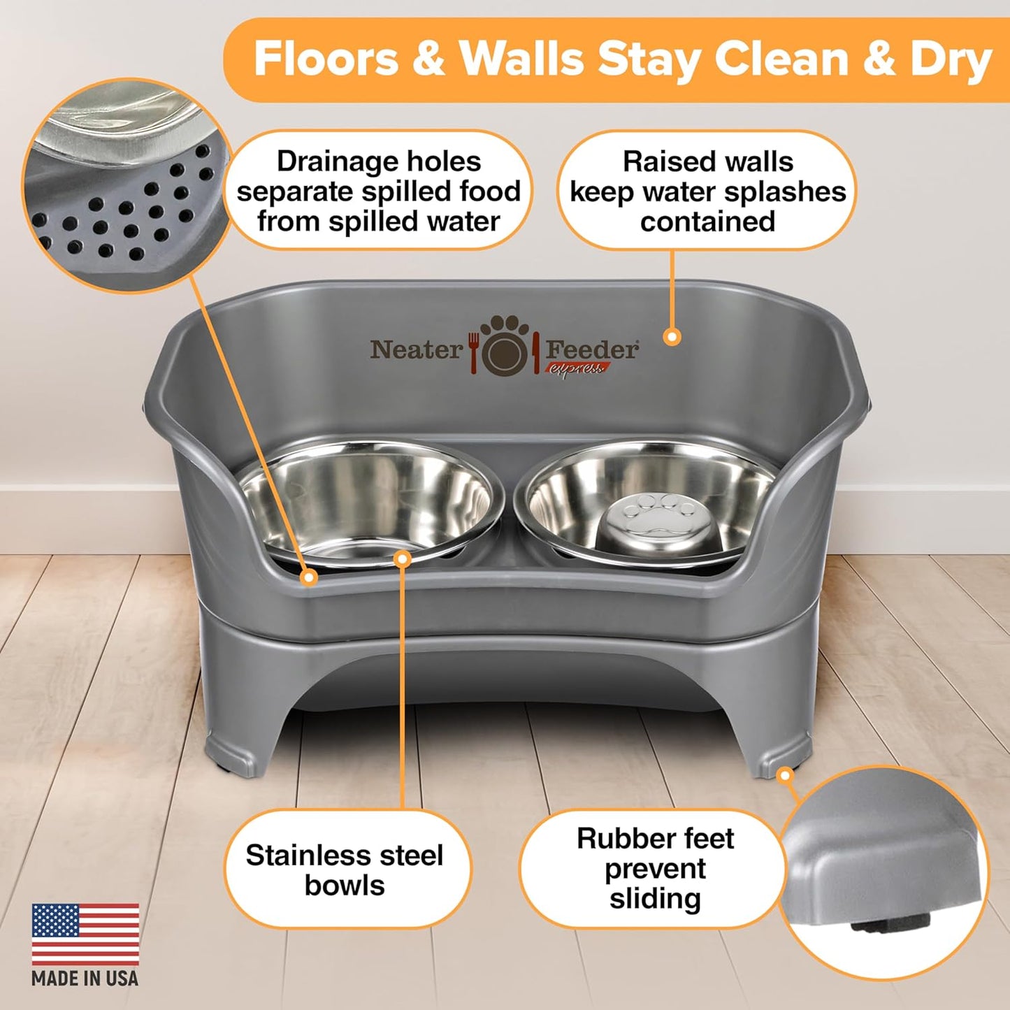 Neater Feeder Express Mess Proof Dog Bowls Elevated for Small Breeds under 15 Lb, Made in USA, No Spill Raised Dog Food Bowl Stand, Stainless Steel Food and Water Bowl Set, Feeding Station, Cappuccino