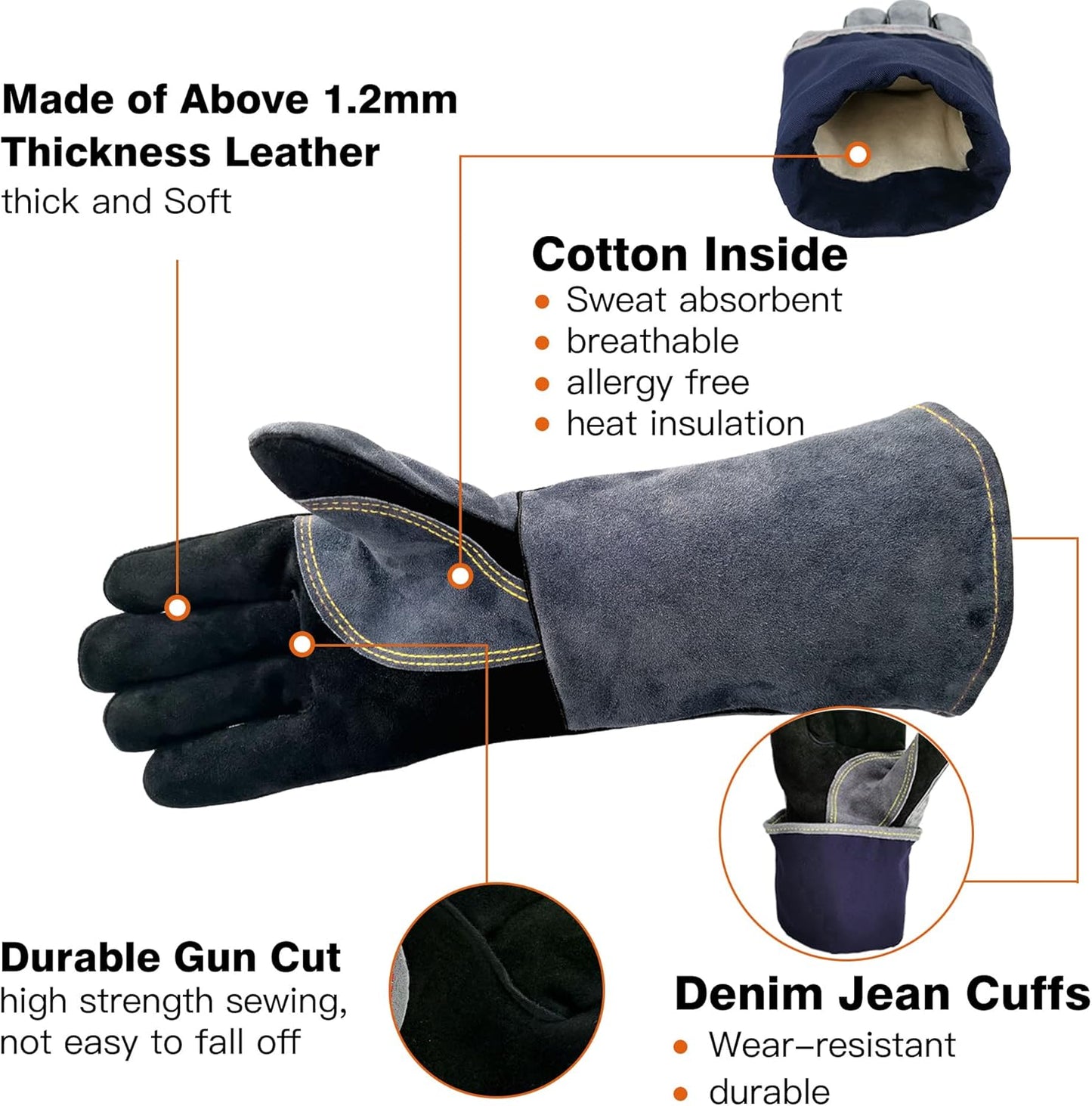 WZQH 23.6 In Leather Welding Gloves for Animal Handling,Grabbing Reptile, Grooming,Trips to Vet,BBQ,Fireplace.Puncture & Scratch Resistant, Bite Proof for Cat Dog Bird Falcon Livestock Snake L Black