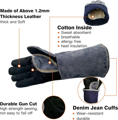 WZQH 23.6 In Leather Welding Gloves for Animal Handling,Grabbing Reptile, Grooming,Trips to Vet,BBQ,Fireplace.Puncture & Scratch Resistant, Bite Proof for Cat Dog Bird Falcon Livestock Snake L Black