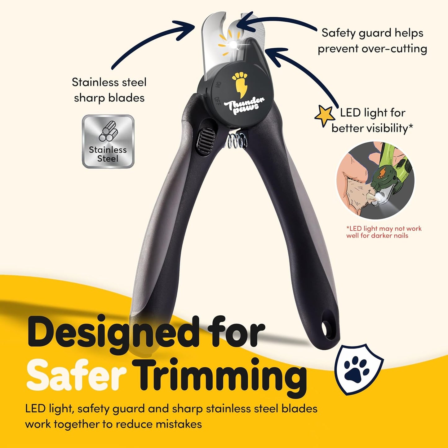 LED Dog Nail Clippers with Light, Trimmers with Protective Guard, Quick Sensor, Safety Lock and Nail File - Suitable for Large and Small Dogs & Cats (Yellow, LED)