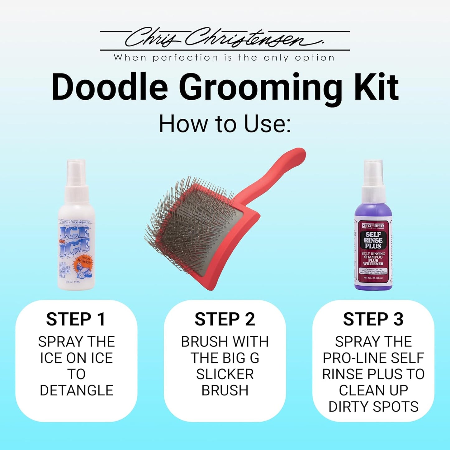 Chris Christensen Grooming Kit for Goldendoodles, Labradoodles, Poodles with Big G Dog Slicker Brush, Ice on Ice Detangling Spray, Pro Line Self Rinse Plus Spray