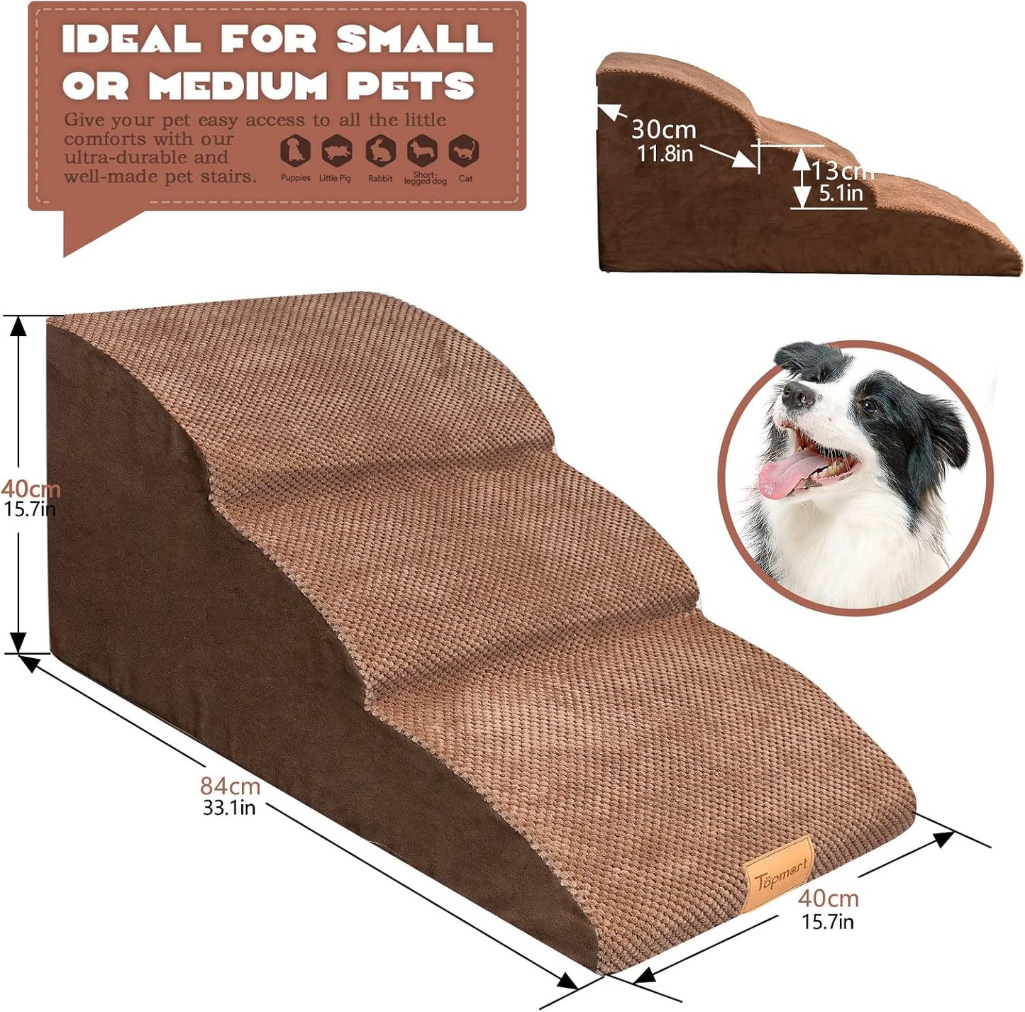 Topmart High Density Extended Foam Dog Ramp&Steps 2 Tiers,11.8" High,Non-Slip Dog Stairs,Soft Foam Pet Ladder with Removable Cover,Best for Injured,Older Cats,Pets with Joint Pain