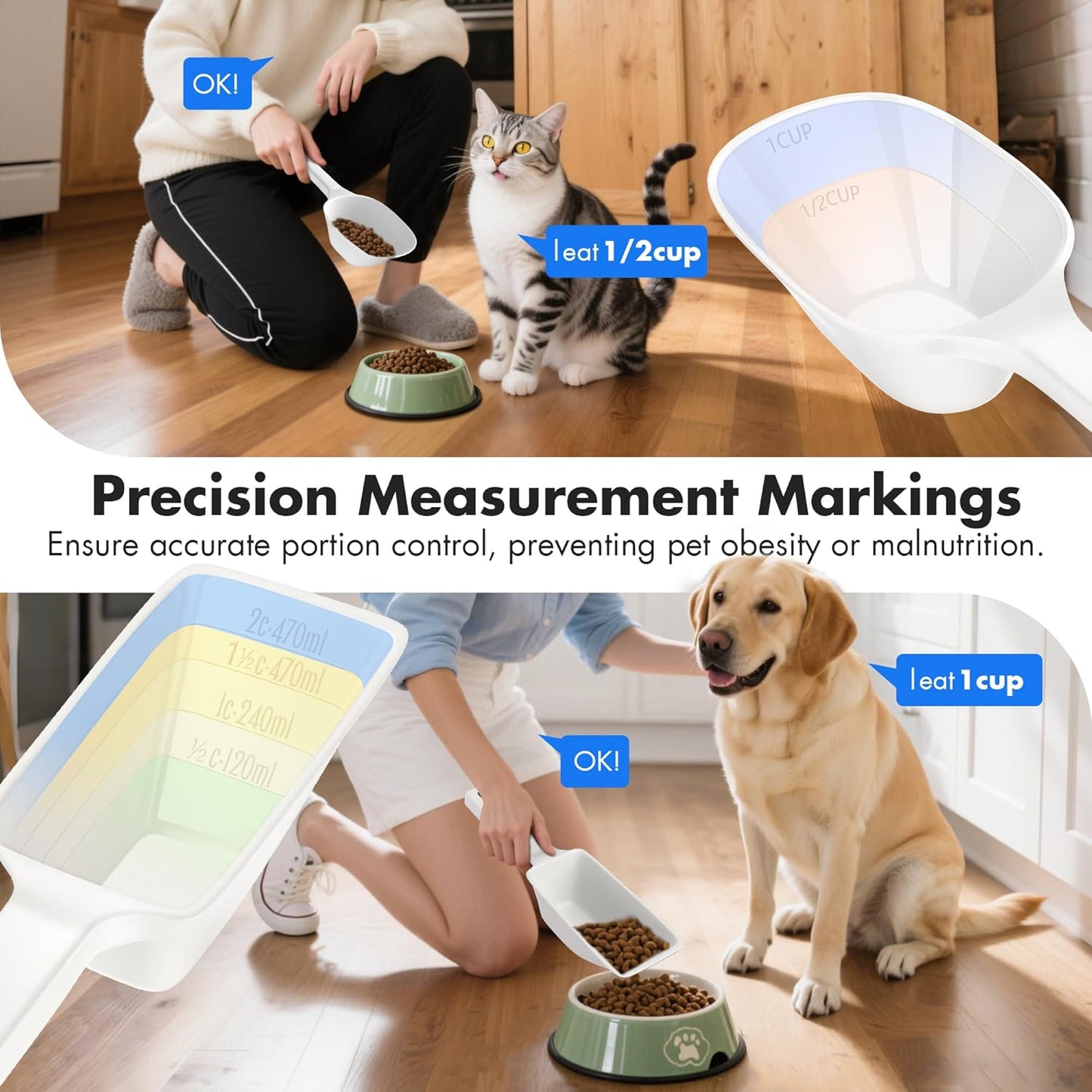 Food Scoop, Cup Capacity Dog Food Scooper With Measuring Lines For Dog, Puppy and Cat Coffee Bean Scoop, Flour Scoop 2 Pack (Grey)