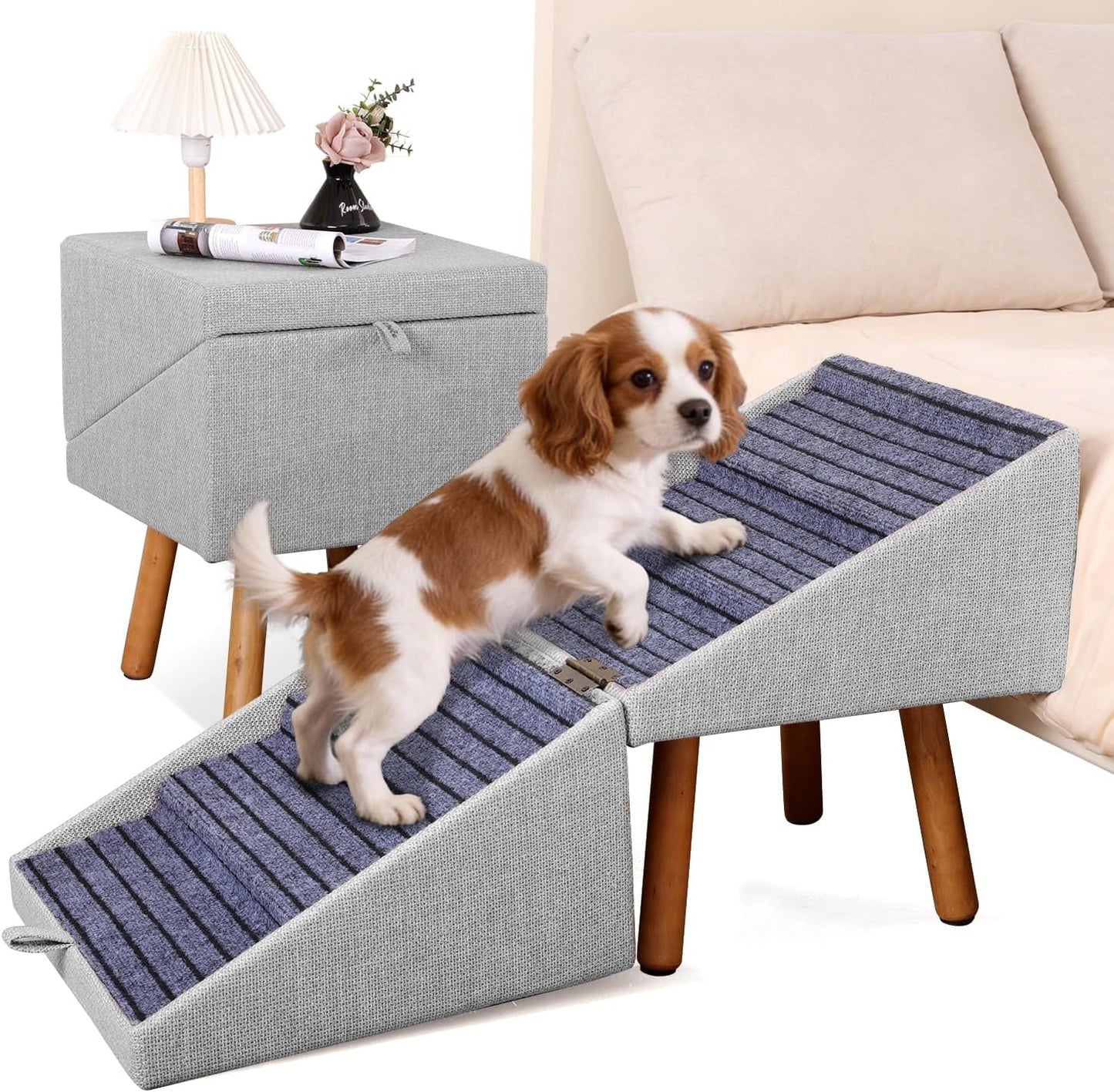 17.13" H Dog Stairs for Small Dogs, 2-in-1 Pet Steps & Ottoman - Foldable Dog Stairs for Couch, Non-Slip Wooden Pet Stairs for Puppy Senior Injured Dogs