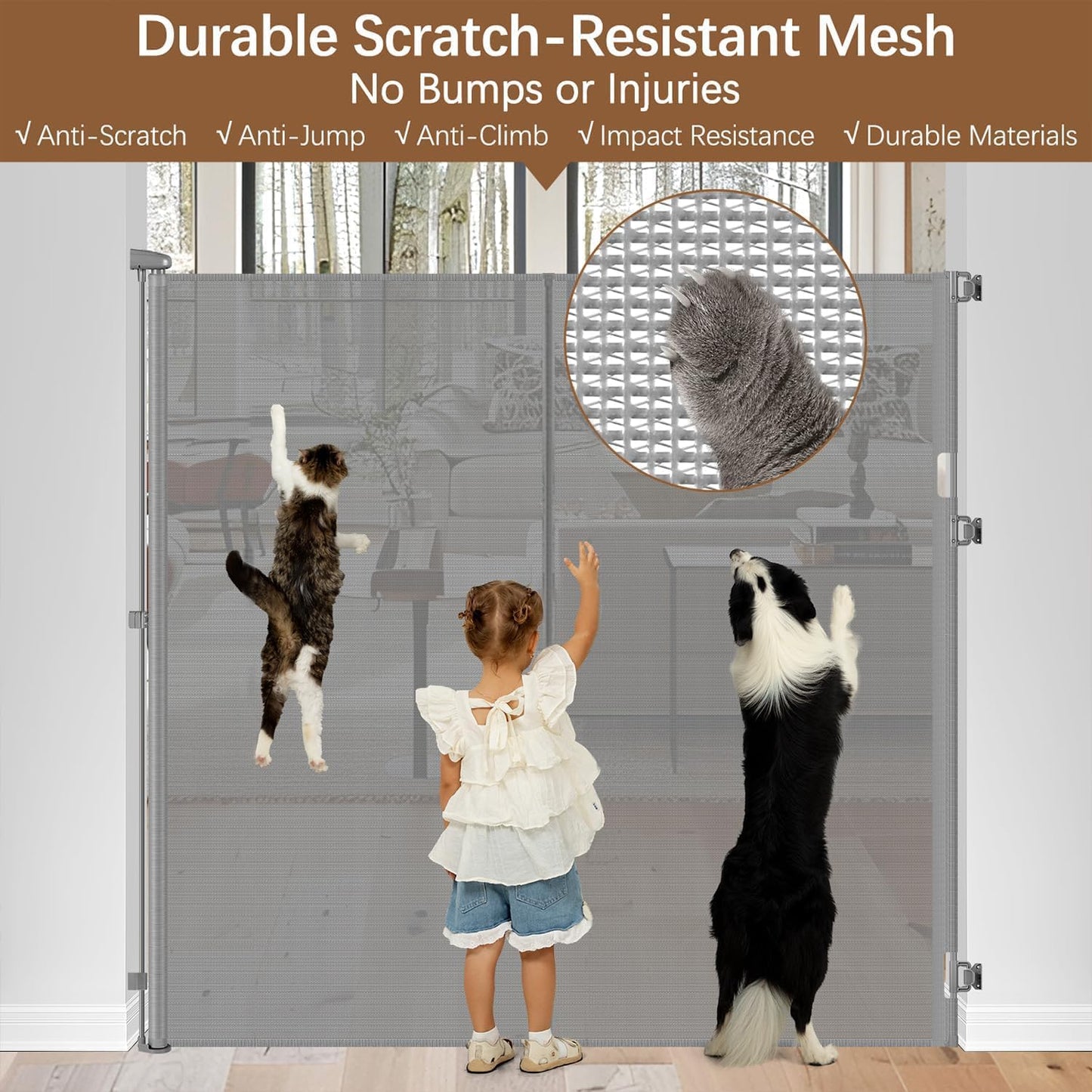 Reinforced 55" Extra Tall Pet Gate for Doorway - No Jumping Over, 55" Wide Retractable Baby Gates with Support Rods - No Crawling Under, Climb Proof Cat Gate for Stairs Tall Retractable Dog Gate/Black