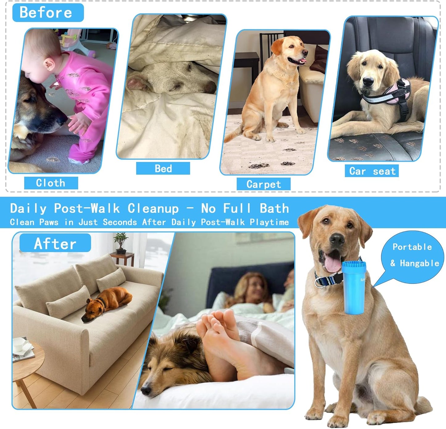 Dog Paw Cleaner Kit for L/XL Dogs - Quick Clean No Full Bath, 2-in-1 Paw Wash Cup with Detachable Silicone Brush Head, Includes Bath Brush & 3 Absorbent Towels, Blue