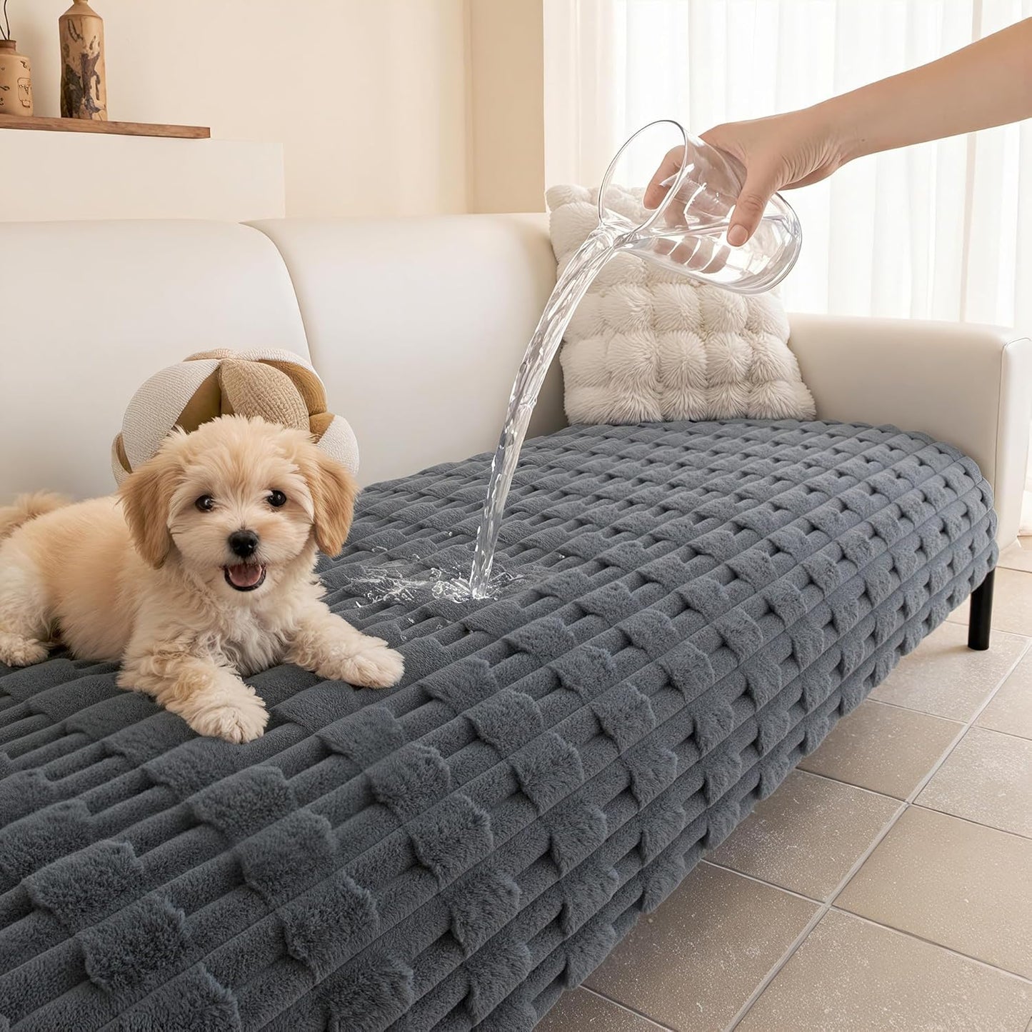 MYSKY HOME 100% Waterproof Couch Cover for Dogs, Plush Pet Couch Covers for Sofa Washable, Couch Covers for 2 Cushion Sofa Pet Friendly, Non-Slip Durable Sofa Cover Slipcover Protector, Cream, 35"x63"