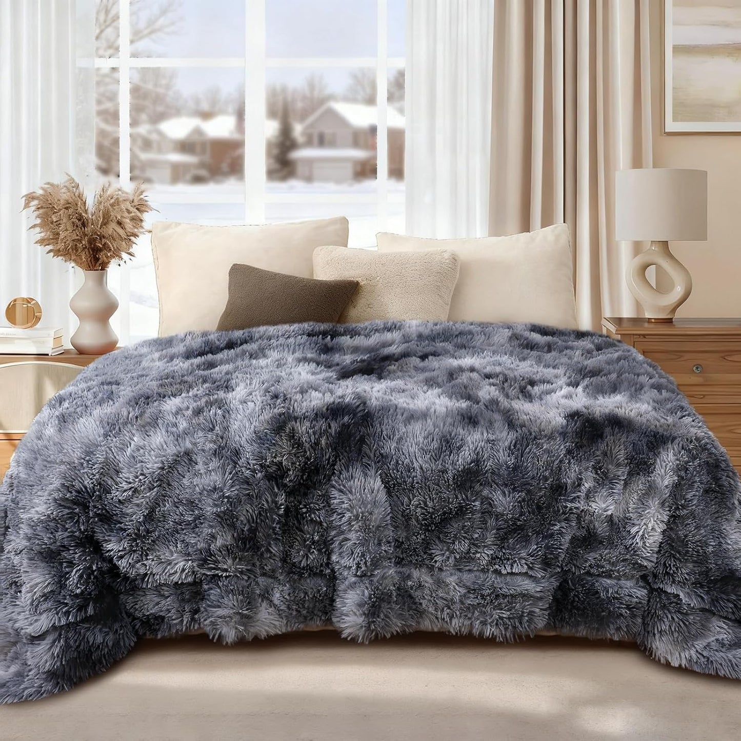Luciphia Large Waterproof Dog Blanket for Pet Washable Liquid Proof Bed Intimacy Protection Shaggy Plush Calming Long Faux Fur Couch Cover Calming Cat Throw Blankets, Mist Grey, 50" x 60"