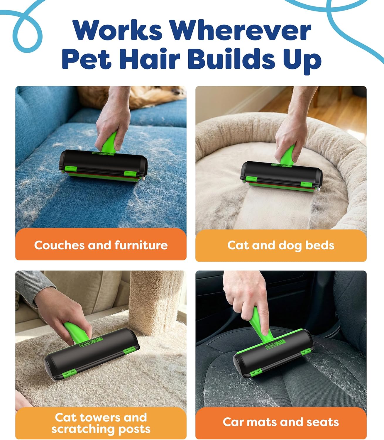 Triton Pet Hair Removal Tool w/Fur Trapping Compartment and Detachable Handle, 60% Smaller Storage Size, Reusable Shedding Roller, Cat and Dog Hair Remover for Car, Furniture, Carpet (Gray/White)