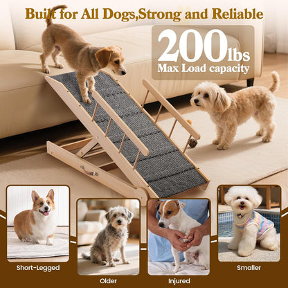 47" Long Non-Slip Portable Pet Ramp for Small Large Dogs, Dog Ramp for Bed, Wooden Adjustable Dog Ramps for Bed, Couch, Height from 12" to 24", Up to 200LBS
