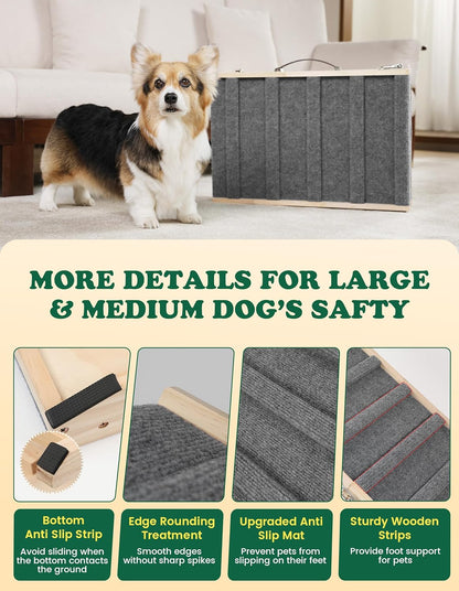 Dog Ramp Dog Stairs for Small Dogs Foldable Dog Ramp with 4 Adjustable Heights from 7.48'' to 15.35" Wood Stairs with Non Slip Carpet Portable Pet Ramp for Couch, Sofa, Low Bed (Natural Wood)