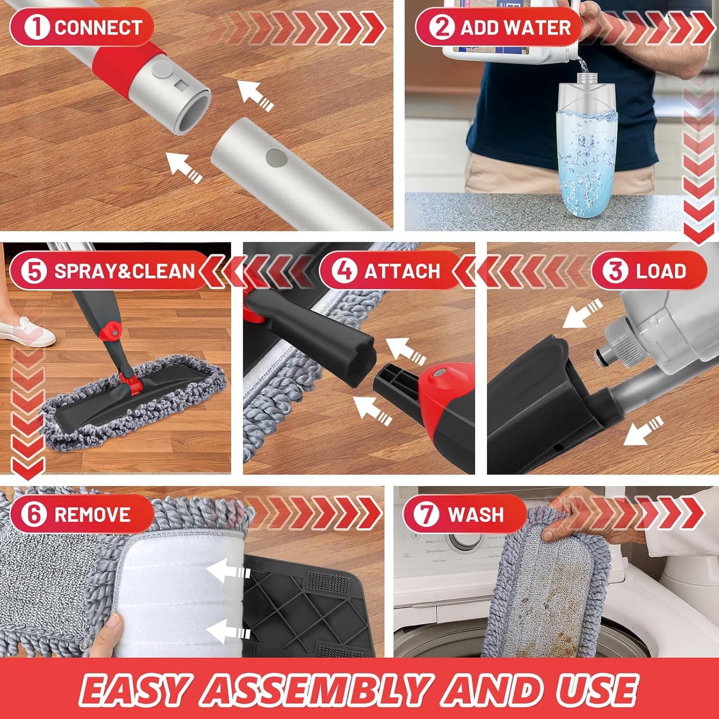 HOMTOYOU Spray Mops for Floor Cleaning: Wet Mop for Hardwood Tile Wood Laminate Vinyl - 3 Washable Microfiber Pads for Swiffer Powermop - Absorbs Pet Hair Dust