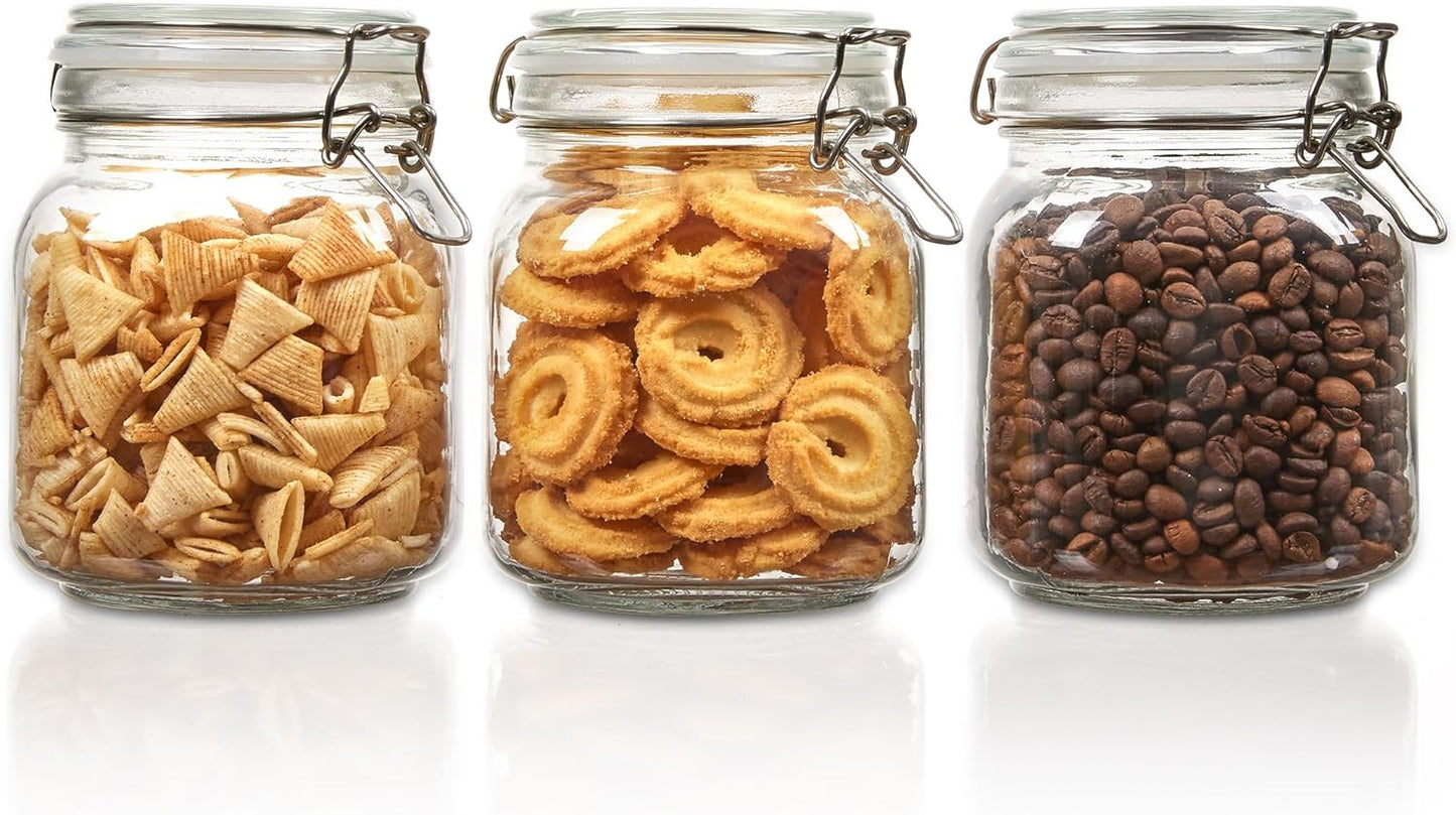 Vtopmart 78oz Glass Food Storage Jars with Airtight Clamp Lids, 3 Pack Large Kitchen Canisters for Flour, Cereal, Coffee, Pasta and Canning, Square Mason Jar with 8 Chalkboard Labels