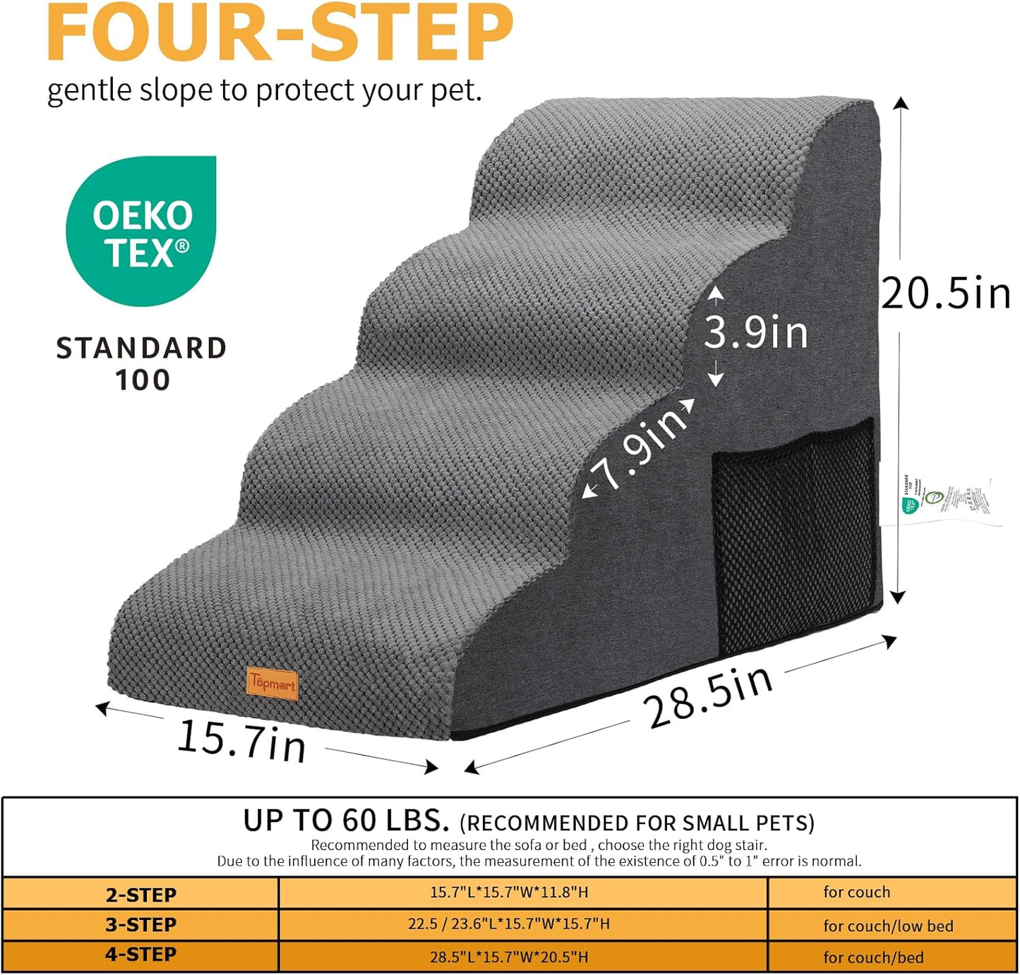 Topmart High Density Extended Foam Dog Ramp&Steps 2 Tiers,11.8" High,Non-Slip Dog Stairs,Soft Foam Pet Ladder with Removable Cover,Best for Injured,Older Cats,Pets with Joint Pain