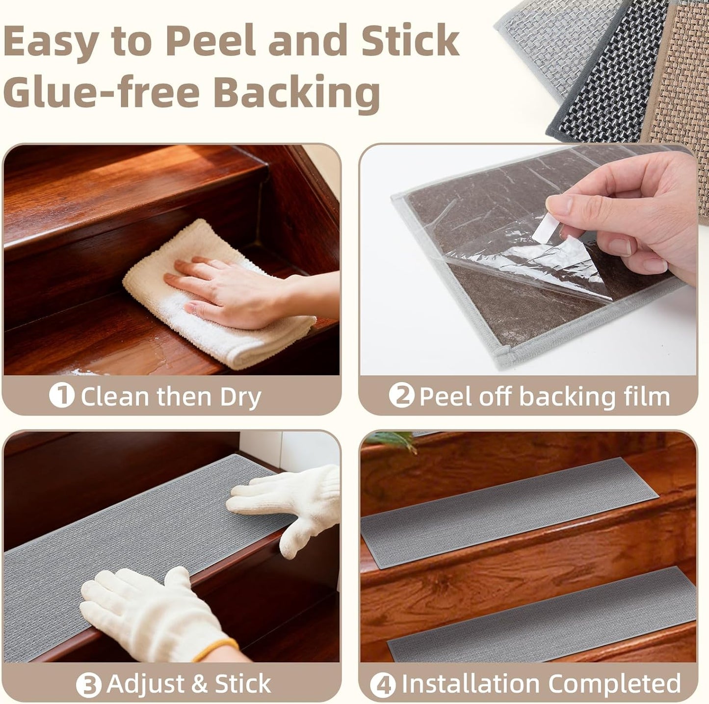 Art3d Stair Treads for Wooden Steps 15Pcs, 8" X 30" X 0.3" Non Slip Stair Runner Rugs with Reusable Adhesive for Elders Kids and Dogs, Washable Peel and Stick Stair Treads Carpet, Gray