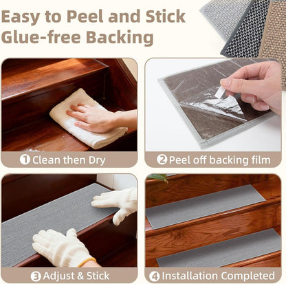 Art3d Stair Treads for Wooden Steps 15Pcs, 8" X 30" X 0.3" Non Slip Stair Runner Rugs with Reusable Adhesive for Elders Kids and Dogs, Washable Peel and Stick Stair Treads Carpet, Gray