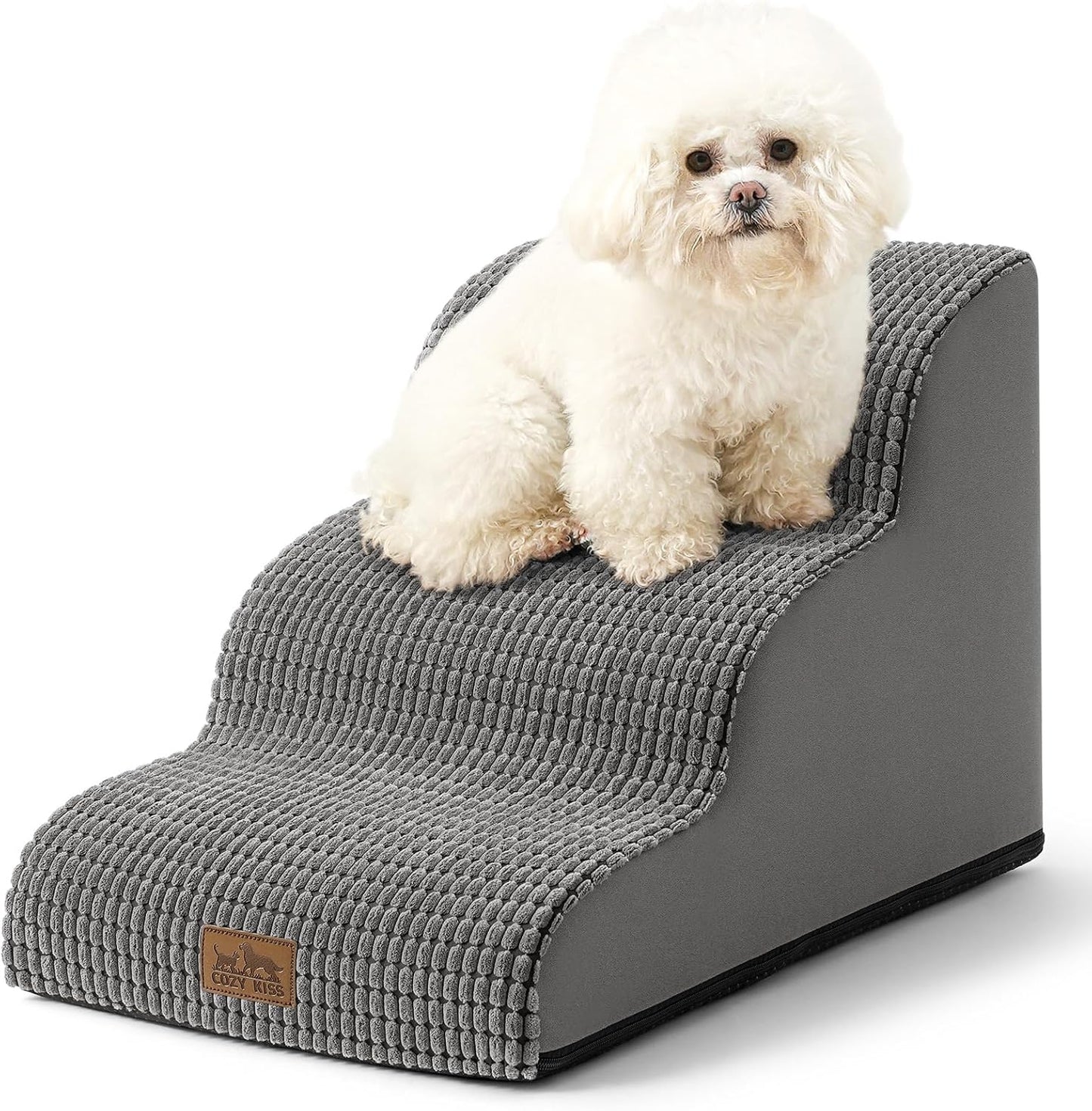 COZY KISS Dog Stairs for Small Dogs 15.7" H, Curved Dog Step for Puppy, Older Cat, Medium Pet Ramp for Sofa, Couch or Chair, Ladder with High Density Foam, 3 Step, 15.7x22.4x15.7 inch, Beige