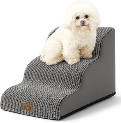 COZY KISS Dog Stairs for Small Dogs 15.7" H, Curved Dog Step for Puppy, Older Cat, Medium Pet Ramp for Sofa, Couch or Chair, Ladder with High Density Foam, 3 Step, 15.7x22.4x15.7 inch, Beige