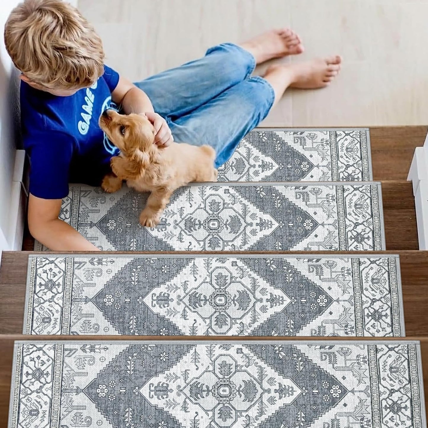 Lahome Stair Treads Non Slip 15 Pack 8" X 30" Stair Treads for Wooden Steps, Washable Self Adhesive Stair Runners Stain Resistant Stair Carpet, Edging Staircase for Kids Elders and Dogs Dorie, Taupe