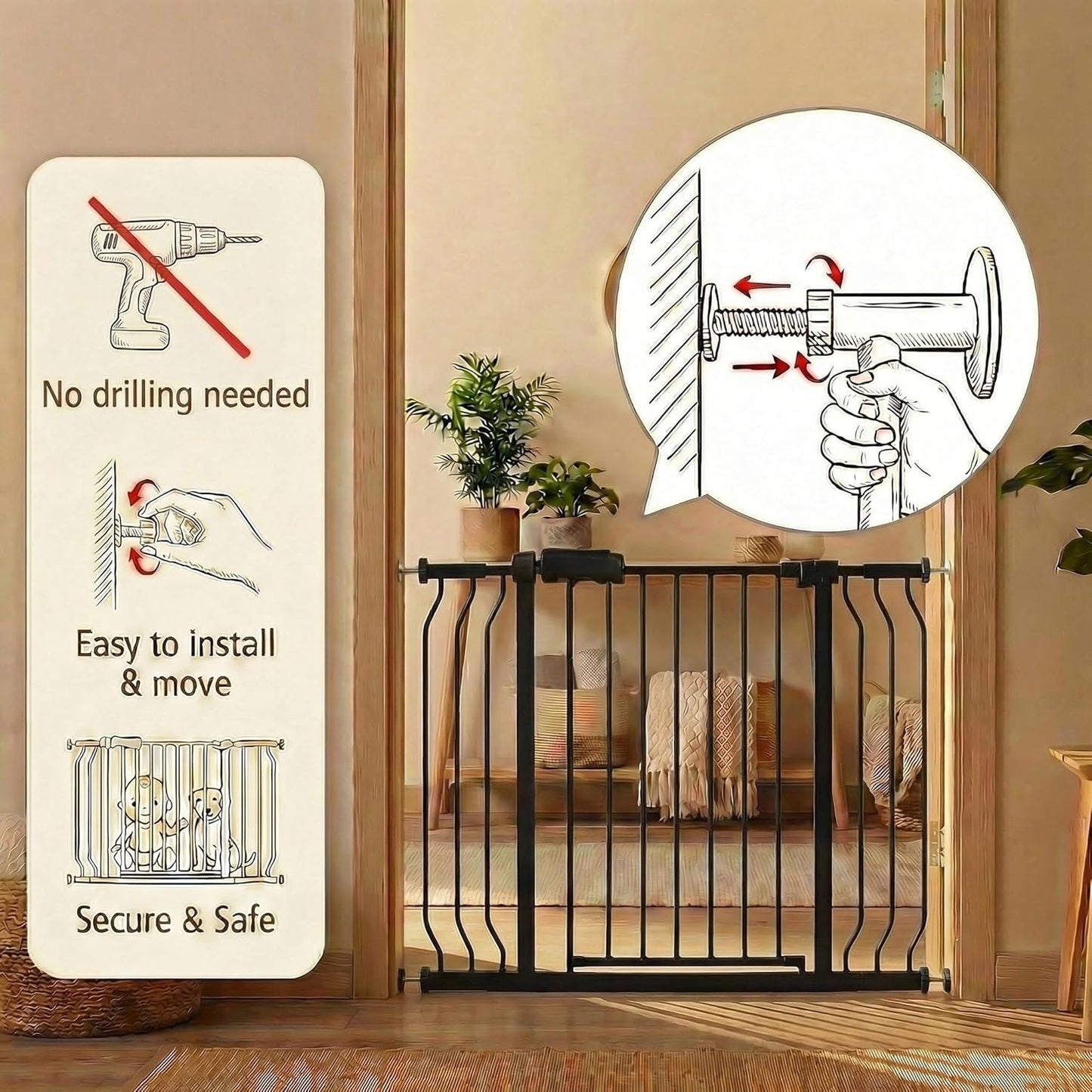 24-29 Inch Narrow Baby Gate, Pressure Mounted No Drilling Dog Gate for Stairs & Doorways, White Metal Safety Gate Indoor for Kids and Pets