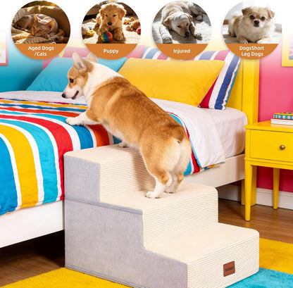 Dog Stairs for Small Dogs, 13.5" H, 3-Step Pet Steps for Couch Sofa and Chair, Non-Slip Balanced Pet Ramp for Medium Cats,Indoor Dog Ladder, Grey