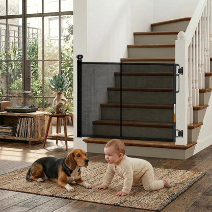 Retractable Baby Gate - 118" Extra Wide Mesh Dog Gate with Support Rods - 34" Tall for Stairs, Doorways, Hallways - Drill or No-Drill - Pet & Cat Gate - Outdoor/Indoor (Black, 9.84 ft)