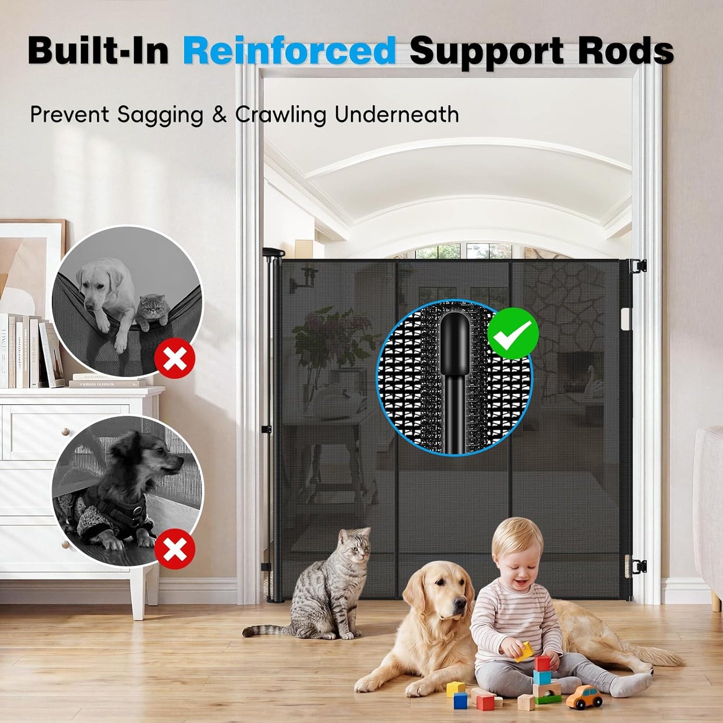 Reinforced 52" Extra Tall Dog Gate for Doorway, Jump-Resistant & Prevent Crawling Underneath Retractable Dog Gates Indoor, 0-55" W Retractable Baby Gate for Doorway, Safety Extra Tall Cat Gate, White