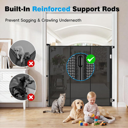 Reinforced 52" Extra Tall Dog Gate for Doorway, Jump-Resistant & Prevent Crawling Underneath Retractable Dog Gates Indoor, 0-55" W Retractable Baby Gate for Doorway, Safety Extra Tall Cat Gate, White