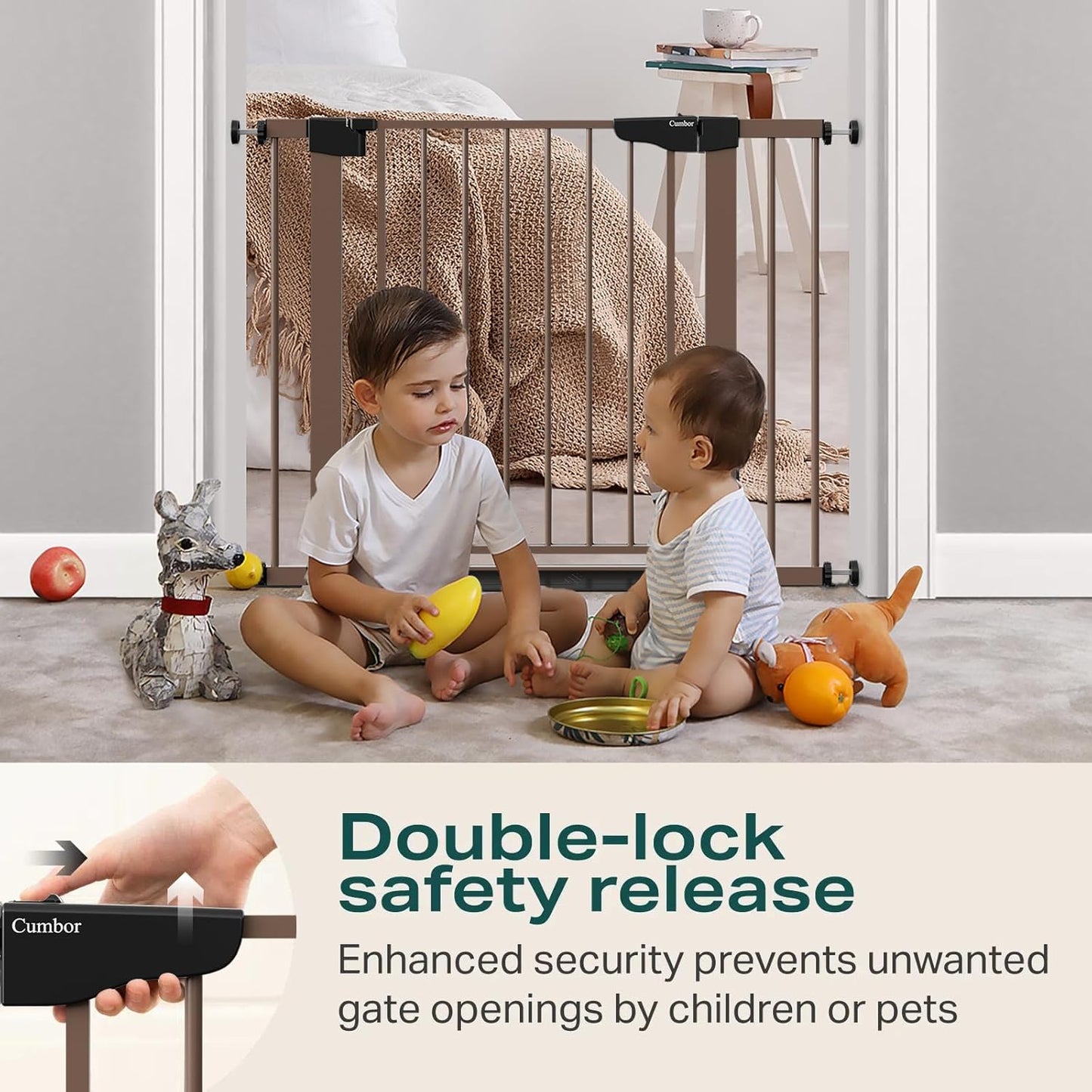 Cumbor 36.6-64" Extra Wide Baby Gate for Stairs, Dog Gates for Doorways, Auto-Close Pet Gate Indoor, Pressure Mounted Walk Through Safety Child Gate for Kids Toddler, Tall Pet Puppy Fence Gate, Brown