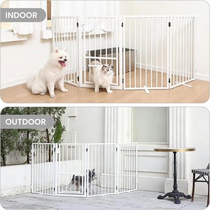 Metal Freestanding Dog Gate with Cat Door for Outdoor Indoor,80" Extra Wide Foldable Pet Fence,30" Tall Dog Gate for Large Opening,Stairs,Hallways,Doorways,Deck,Yard,with 3PCS Support(4 Panels,Black)