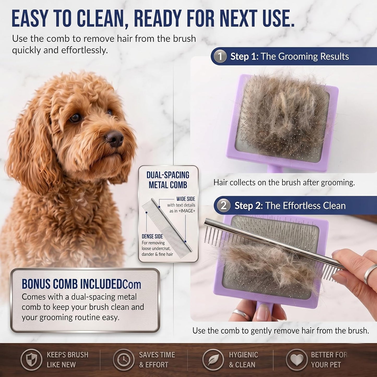 Slicker Brush for Doodles and Poodles - 2-Piece Solid Wood Dog Grooming Set with Extra Long Pin Dematting Tool and Metal Comb for Curly, Matted & Thick Hair, Purple