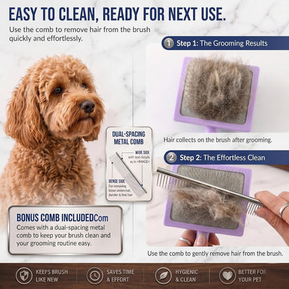 Slicker Brush for Doodles and Poodles - 2-Piece Solid Wood Dog Grooming Set with Extra Long Pin Dematting Tool and Metal Comb for Curly, Matted & Thick Hair, Purple