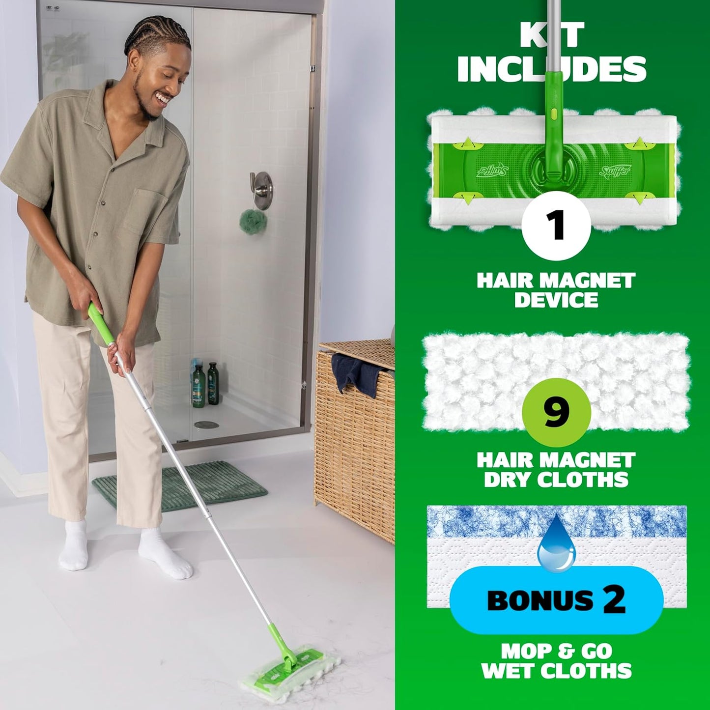 Swiffer Hair Magnet Deluxe Starter Kit with Collapsible Pole, 9 Hair Magnet Dry Cloths, 2 Bonus Mop & Go Wet Cloths