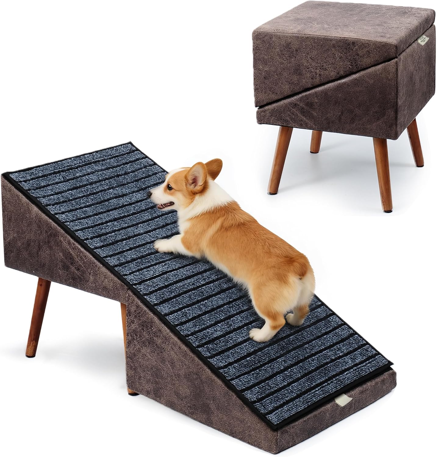 Dog Stairs for High Bed, 2-in-1 Ottoman Dog Stairs, 21 Inch Working Height, 6 Steps and Non-Slip Design for Large Dogs, Wooden Pet Furniture