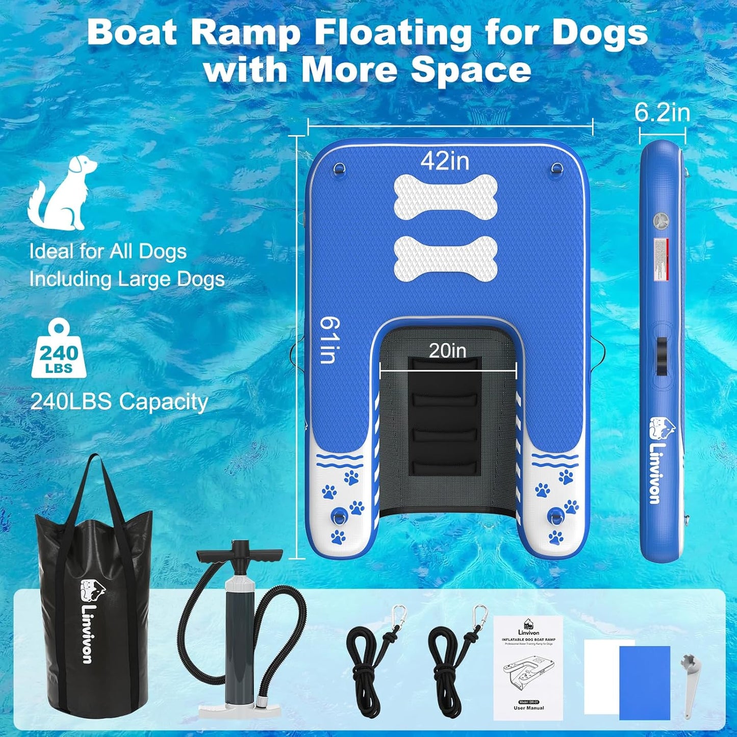 Inflatable Dog Boat Ramp for Dogs Up to 240 lbs, Inflatable Dock Floating Platform with Anti-Slip EVA Foam Safe & Easy Water Access, Dog Ramp for Boat, Pools, Lakes, Boats, Docks, Green