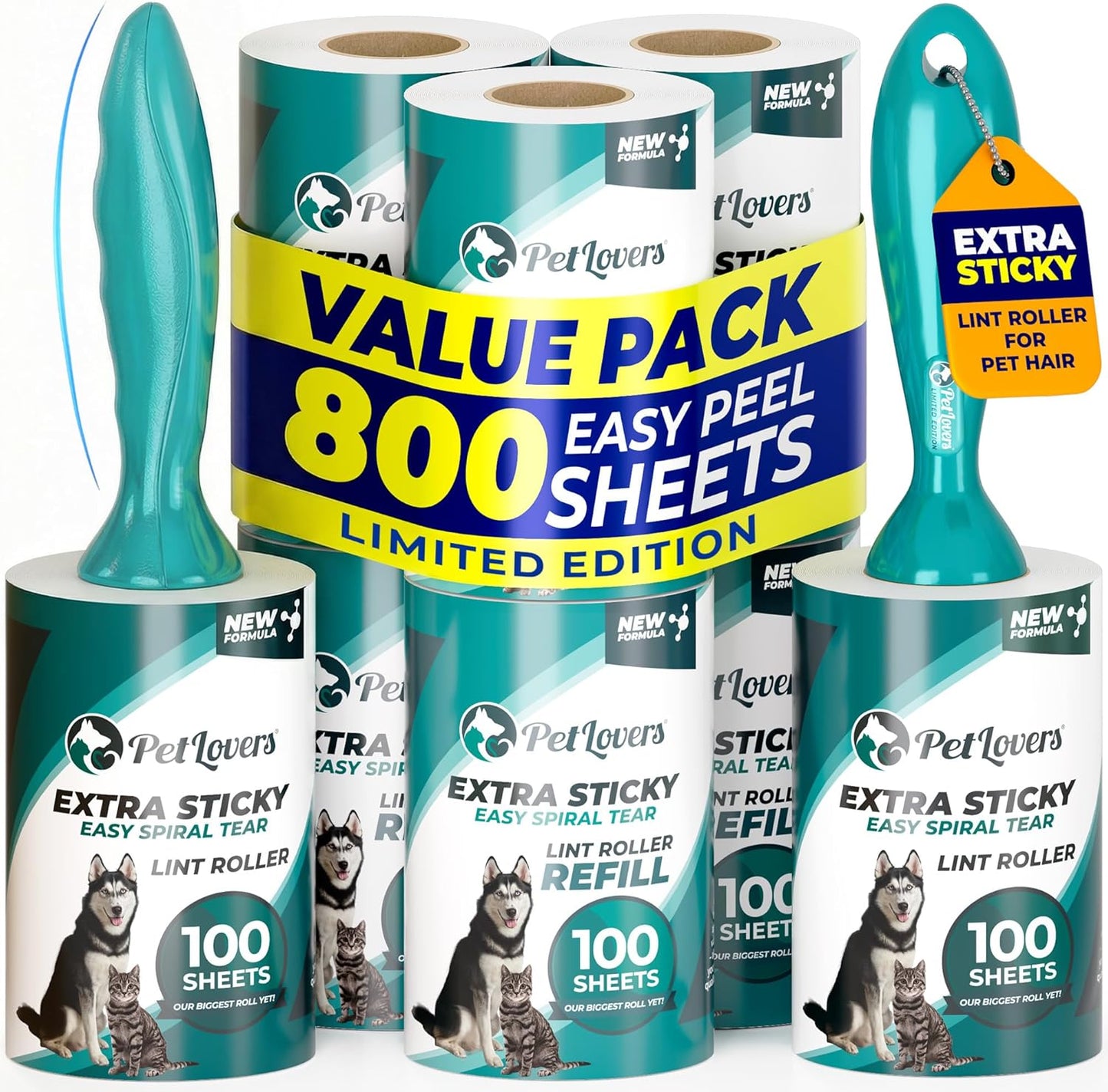 PetLovers Extra Sticky Lint Roller Mega Value Set 600 Sheets for Pet Hair Removal, Dog and Cat Lint Remover 6 Pack