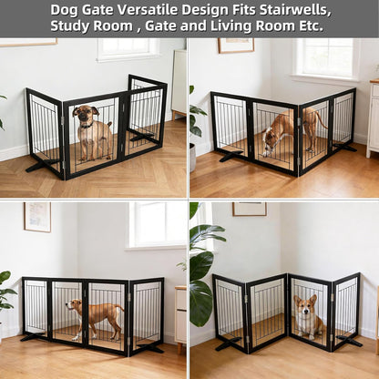 ZJSF Freestanding Dog Gate Indoor, Foldable Dog Fence for Doorways,Hallways or Stairs, Sturdy Wood Extra Wide Pet Gate with Support Feet,Black,24 "Height-3 Panels